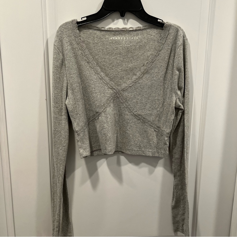 Aeropostale Long Sleeve Cropped Grey Lace Top